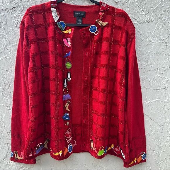 MORGAN COLE Cardigan Sweater Women Size Large Vintage Beaded Artsy Red Sequin - Picture 4 of 9